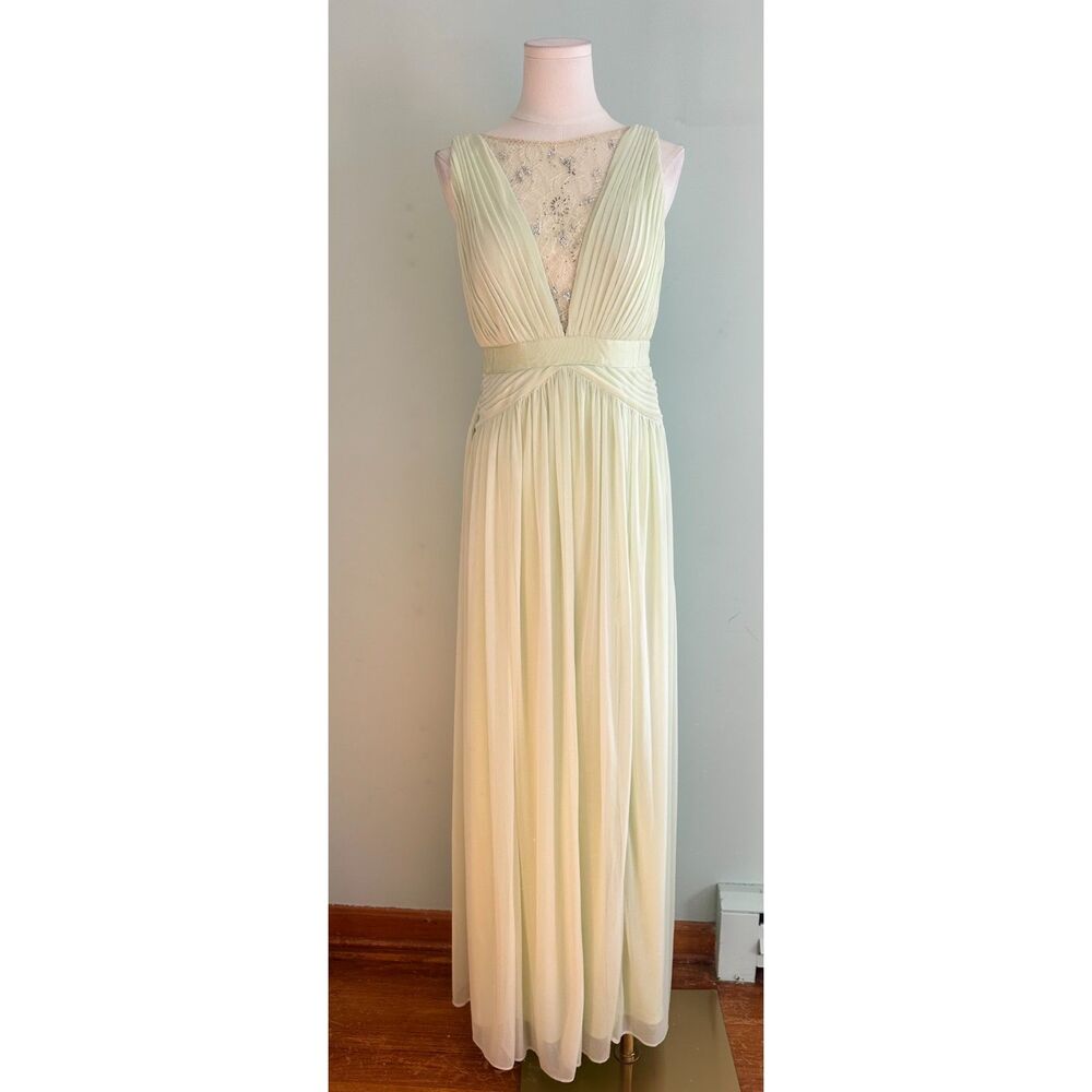 Adrianna Papell Mint Glass Illusion Lace Yoke Beaded Chiffon Gown Sz 6 FLAWED